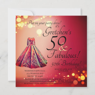 Red Gold Sparkle Fifty 50 & Fabulous 50th Birthday Invitation