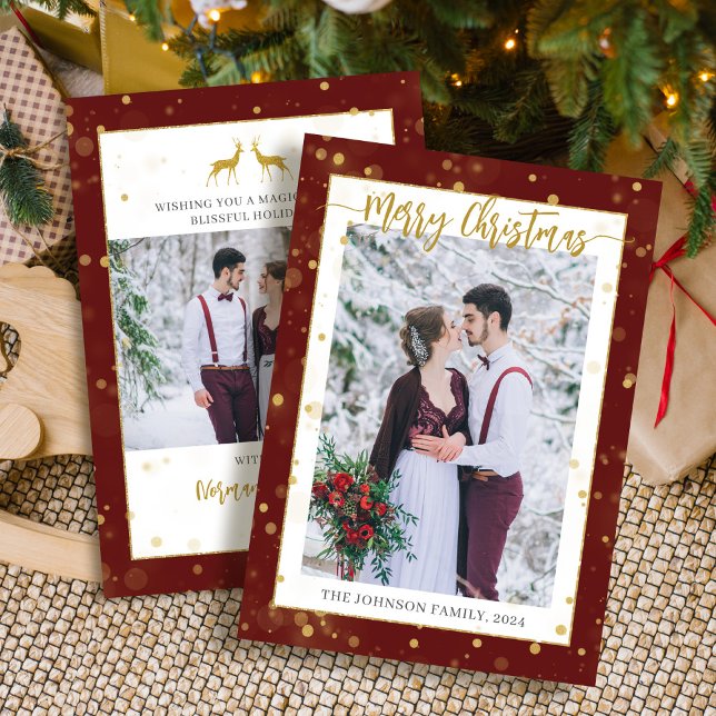 Red Gold Sparkle Merry Christmas 2 Photo Holiday Card (Creator Uploaded)