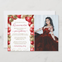 Red Gold Sparkle Quinceañera Balloon Photo Invita