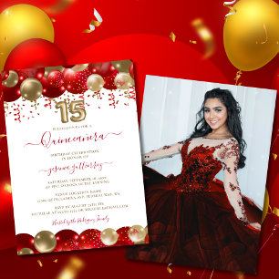  Red Gold Sparkle Quinceañera Balloon Photo Invitation