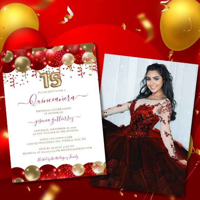  Red Gold Sparkle Quinceañera Balloon Photo Invitation (Red Gold Sparkle Quinceañera Balloon Photo Invitation)
