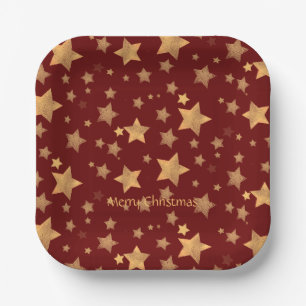 Red Gold Star Elegant Retro Vintage Christmas Paper Plate