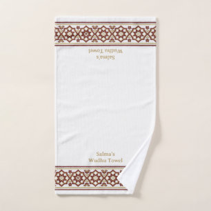 Red Gold Star Flower Border White Customised Wudhu Hand Towel