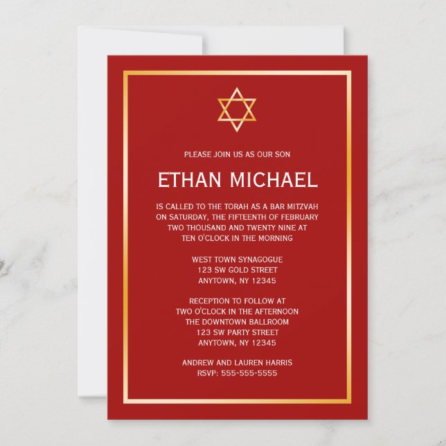 Red Gold Star of David Bar Mitzvah Invitations (Front)