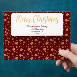 Red Gold Star Script Retro Elegant Merry Christmas Envelope