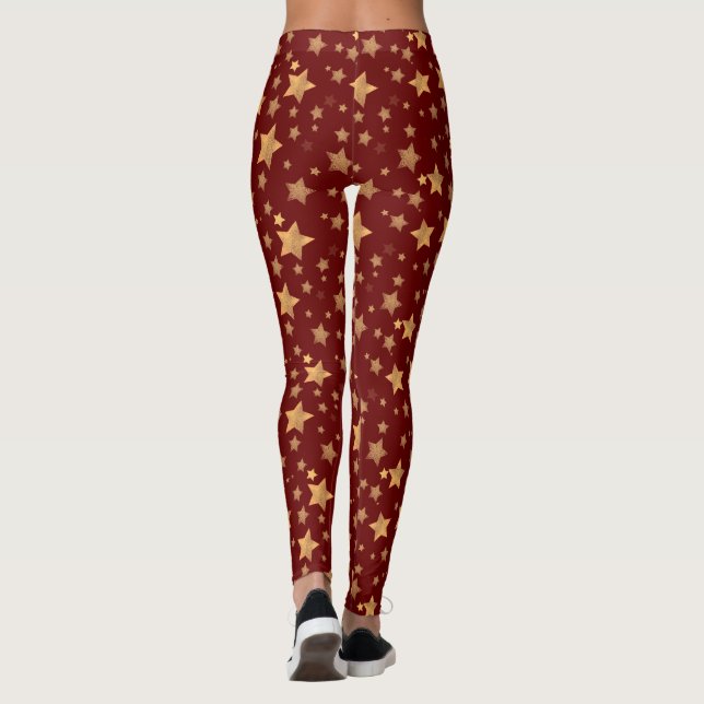 Red Gold Star Traditional Retro Christmas Pattern Leggings (Back)