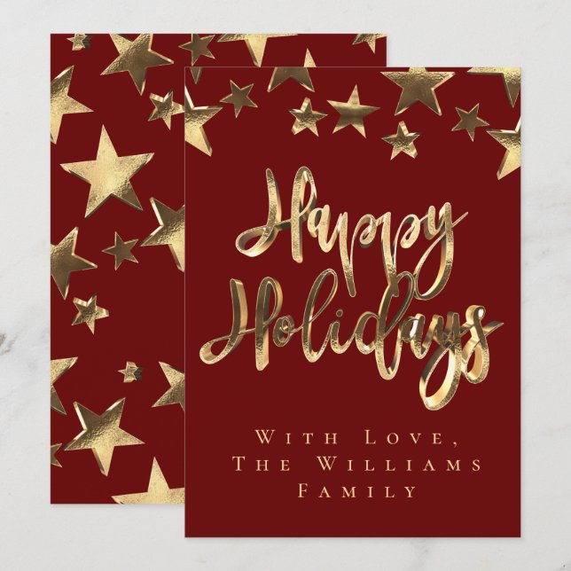 Red Gold Stars Happy Holidays Script Christmas Invitation (Front/Back)