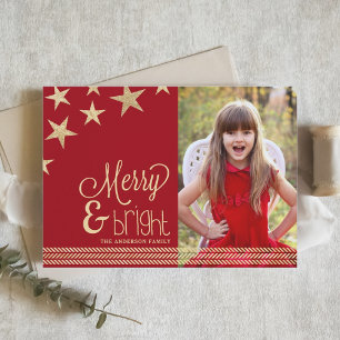 Red & Gold Stars Merry & Bright Holiday Photo Card