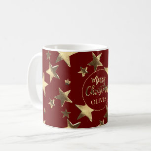 Red Gold Stars Pattern Add Name Merry Christmas Coffee Mug