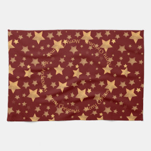 Red Gold Stars Pattern Elegant Merry Christmas Tea Towel