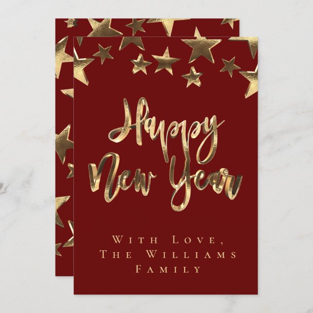 Red Gold Stars Pattern Script Happy New Year Chic Invitation (Front/Back)