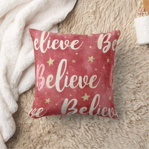Red Gold Stars Pink White Believe Christmas Cushion