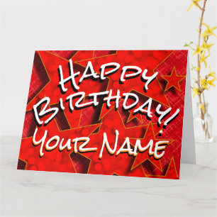 Red Gold Stars Your Name Happy Birthday Card