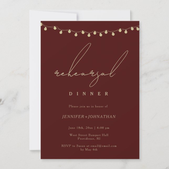 Red Gold String Lights Rehearsal Dinner Invitation (Front)