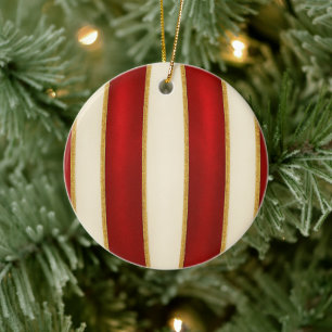 Red Gold Stripe Pattern – Modern Christmas Ceramic Ornament