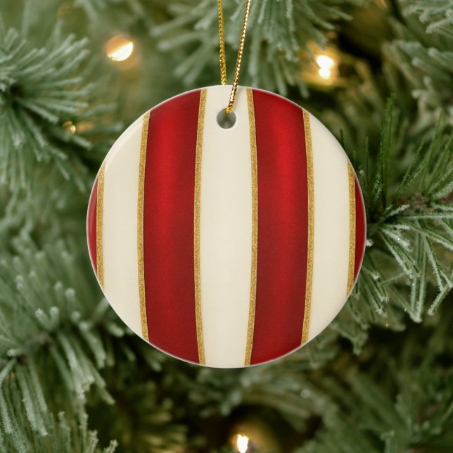 Red Gold Stripe Pattern – Modern Christmas Ceramic Ornament (Tree)