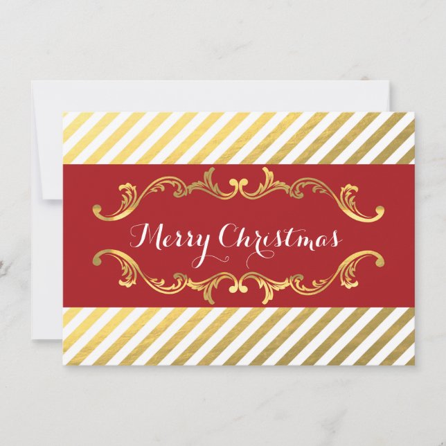 Red & Gold Striped Christmas Holiday Card (Front)