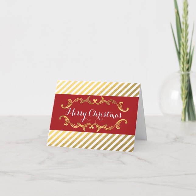 Red & Gold Striped Christmas Holiday Vintage Card (Front)