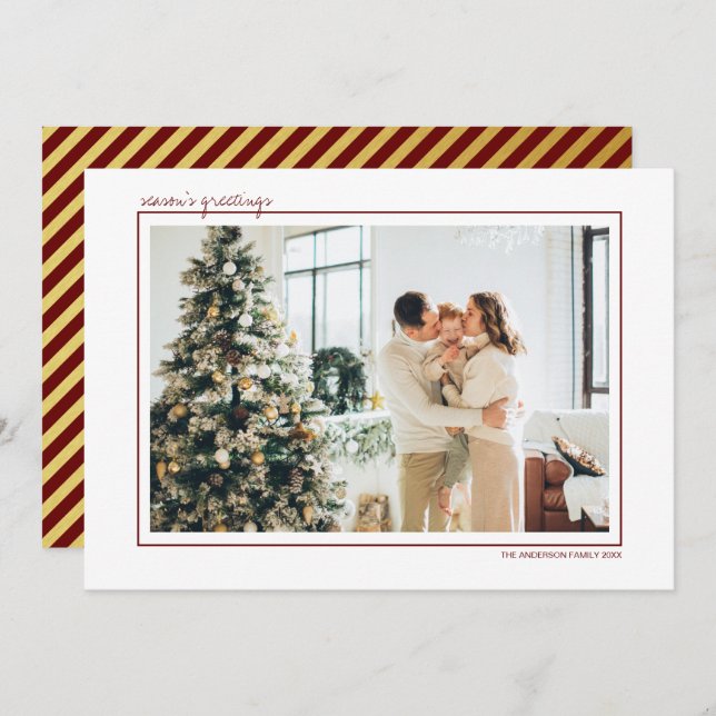 Red & Gold Stripes Season's Greetings Photo Holiday Card (Front/Back)