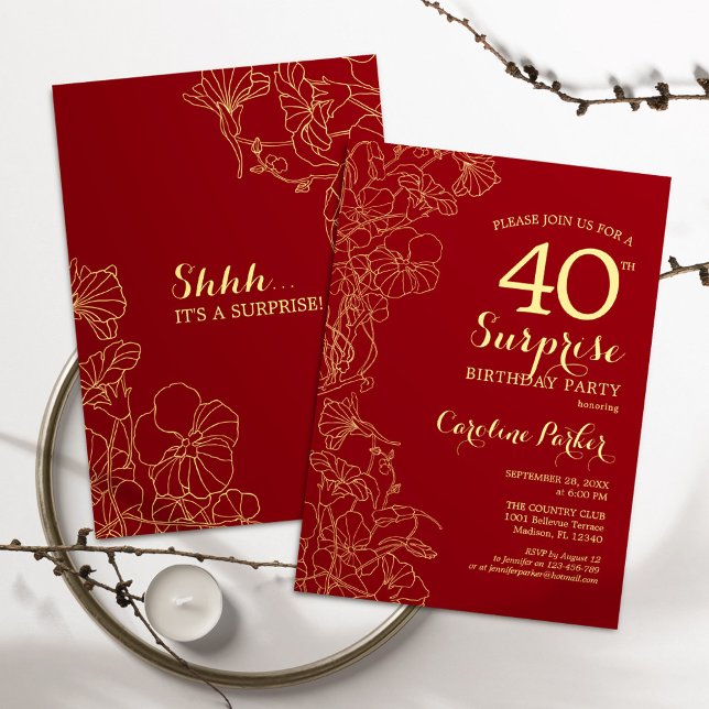 Red Gold Surprise 40th Birthday Party Invitation (Creator Uploaded)
