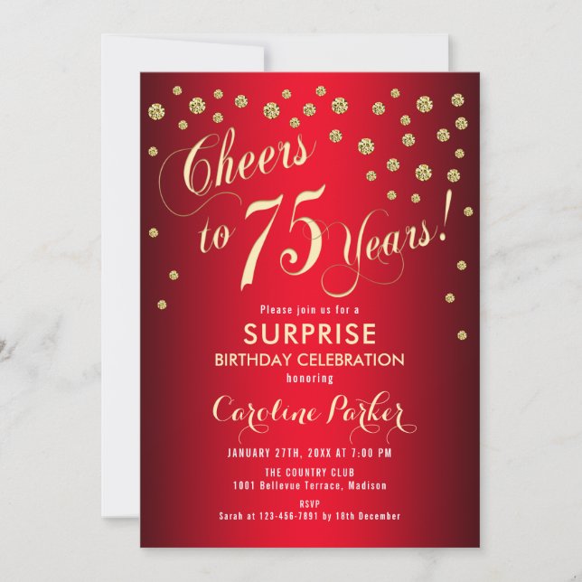 Red Gold Surprise 75th Birthday Party Invitation (Front)
