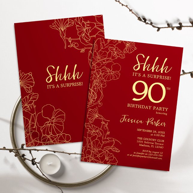 Red Gold Surprise 90th Birthday Invitation (Creator Uploaded)