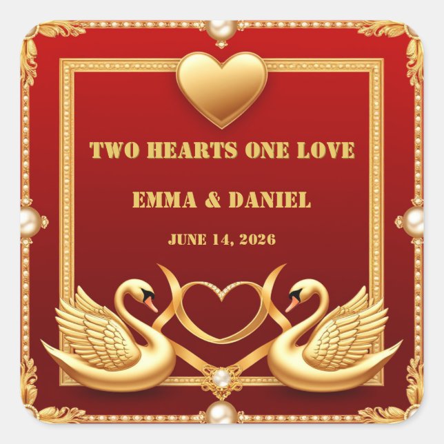 Red Gold Swan Wedding Couple Decor 💍 Square Sticker (Front)