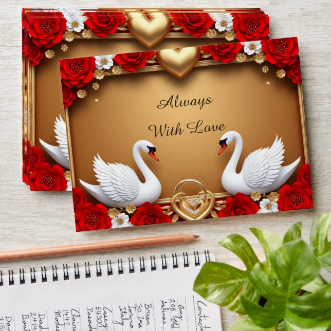 🦢 Red Gold Swan Wedding With Pearl Accents ✨ Envelope (Stacked)