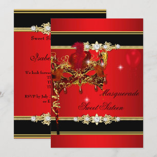Red Gold Sweet Sixteen Sweet 16 Masquerade 2 Invitation