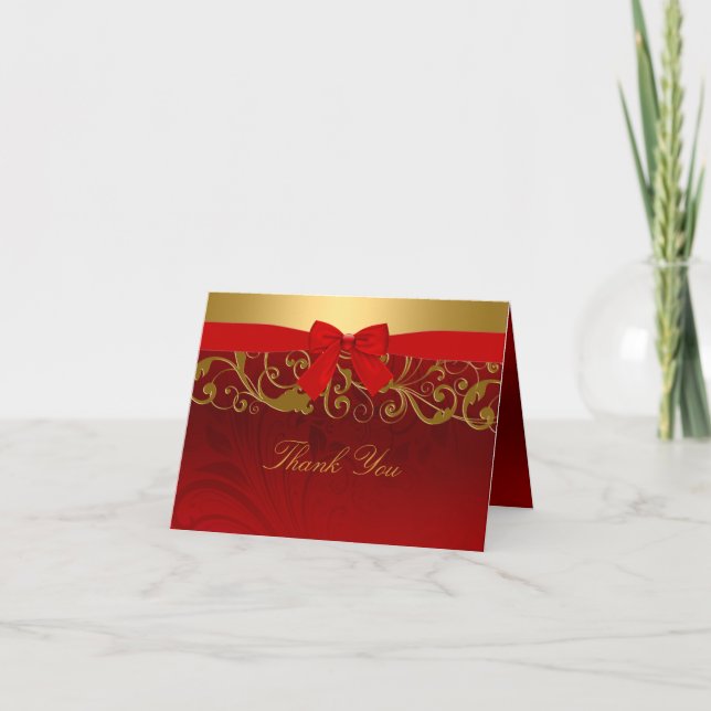 Red Gold Swirl & Bow Thank You Card (Front)