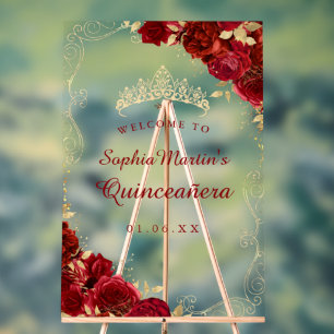 Red Gold Swirl Floral Quinceanera Acrylic Sign