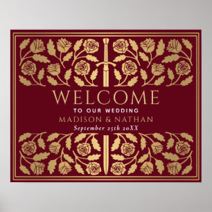 Red Gold Sword Royal Wedding Welcome Sign