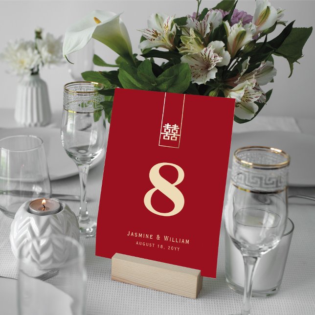 Red Gold Tall Rectangle Double Xi Chinese Wedding Table Number (Creator Uploaded)