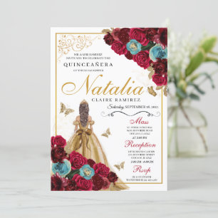 Red Gold Teal Floral Quinceanera Birthday Invitation