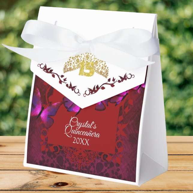 Red, Gold Tiara Butterfly Quinceanera Favour Box (Red Quinceanera gift box, favor box to say thank you. Red decorative border, gold tiara & glitter 15)