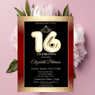 Red, Gold Tiara Confetti,Sweet 16 Party Invitation