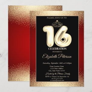 Red, Gold Tiara Confetti,Sweet 16 Party Invitation