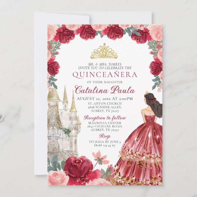 Red Gold Tiara Princess Quinceañera Invitation (Front)