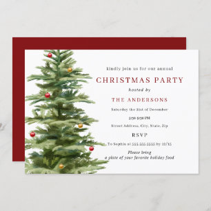 Red Gold Traditional Bauble Tree Christmas Party Invitation