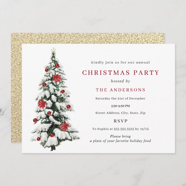 Red Gold Traditional Tree Christmas Party  Invitat Invitation (Front/Back)