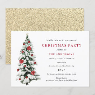 Red Gold Traditional Tree Christmas Party Invitation