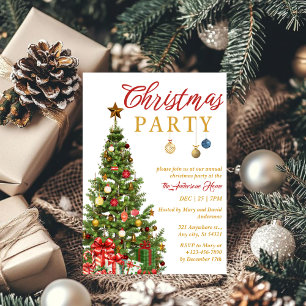 Red Gold Traditional Tree Christmas Party Invitation