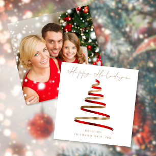 Red Gold Tree Photo Christmas Happy holidays Card