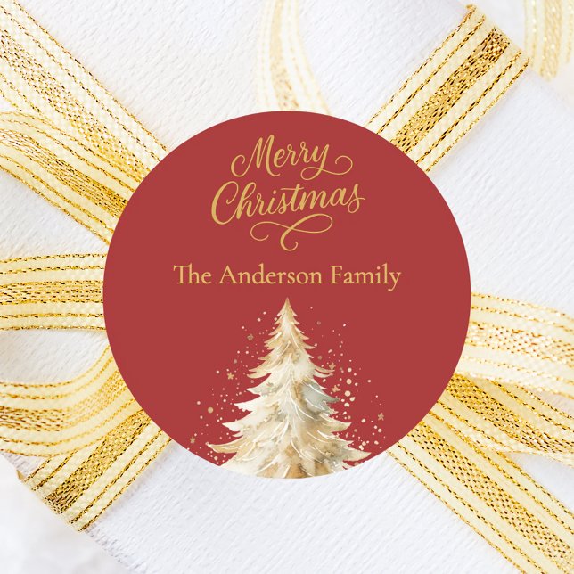 Red gold tree snow Christmas Classic Round Sticker (Creator Uploaded)