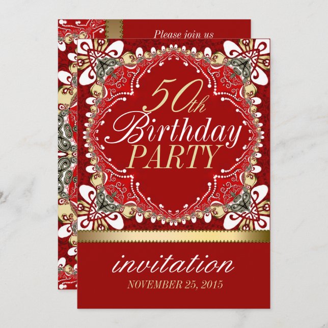 Red+Gold Tropical 50th Birthday Party Invitations (Front/Back)