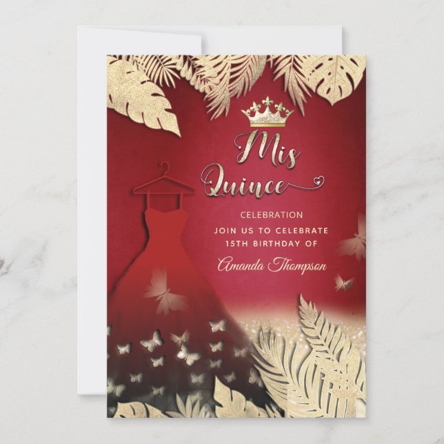Red Gold tropical leaves glitter butterfly tiara Invitation (Front)