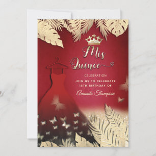 Red Gold tropical leaves glitter butterfly tiara Invitation