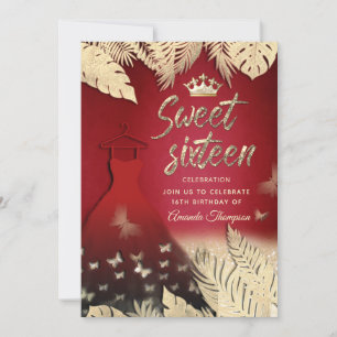 Red Gold tropical leaves glitter butterfly tiara Invitation
