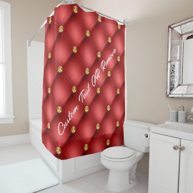 Red Gold Tufted Shower Curtain Personalised Text (In Situ)