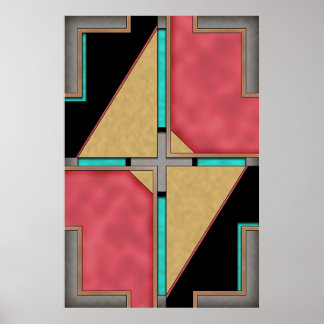 Red, Gold, Turquoise Cyberpunk Art Deco Design Poster